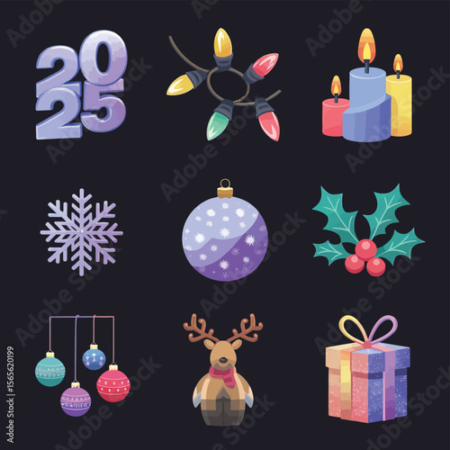 vector Happy New Year Celebrating 2025 in Latin letters , Christmas Decoration Items Santa Claus
