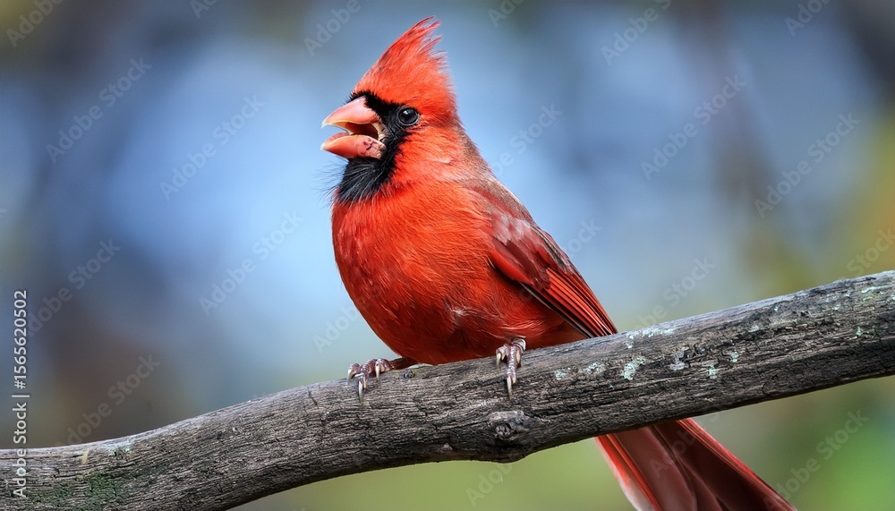 Fototapeta premium vibrant crimson cardinal perched on a branch vocalizing