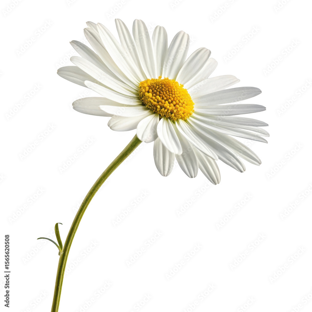 Fototapeta premium Close up of a single white daisy flower with a yellow center on a black background