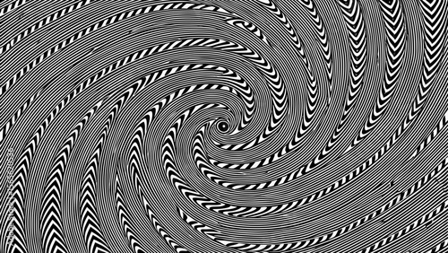 Hypnotic black and white swirling spiral pattern with optical illusion effect