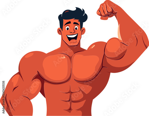 Cartoon man flexing muscles with a smile in vibrant style  