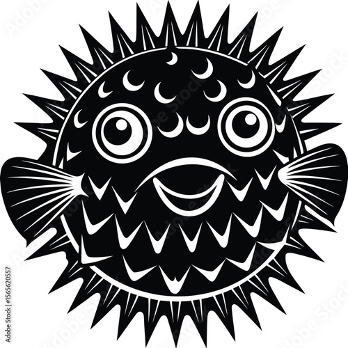 Stylized black and white pufferfish with sharp spines and moon shapes in a striking silhouette .eps