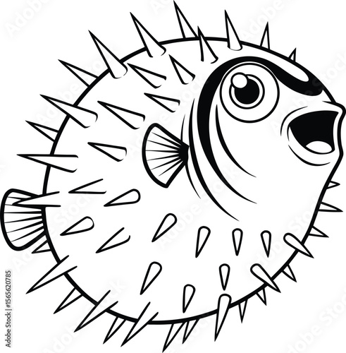 Cartoon pufferfish with spikes and open mouth expressive eyes and fins isolated on white background silhouette .eps