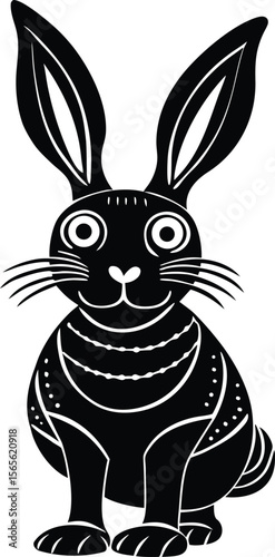  black rabbit with big orange eyes and inner ears sitting and looking forward silhouette .eps