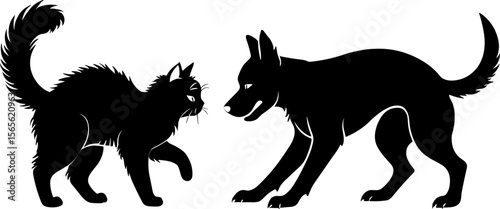 Black cat and dog facing each other in a conflict scenario  