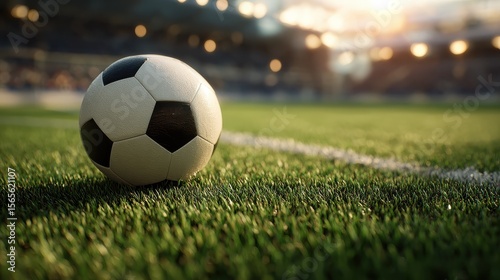 Ball on the green field in soccer stadium. Ready for game in the midfield. Soccer ball close-up.
