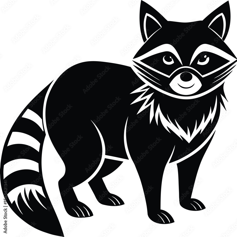 Obraz premium Stylized black and white raccoon silhouette with striped tail and masked face .eps