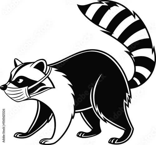 A black and white stylized raccoon wearing a face mask and walking with its tail up silhouette .eps