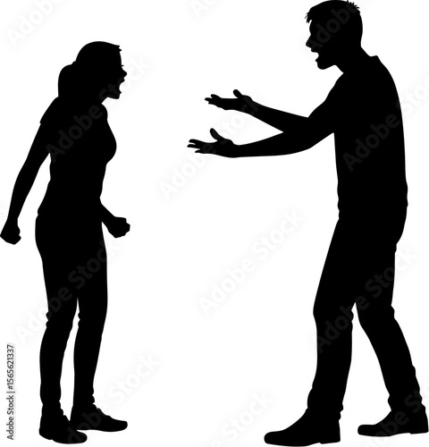 Man and woman arguing with raised hands on solid black background  