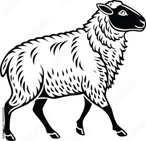 A stylized black and white illustration of a sheep walking to the right showcasing its woolly fleece and distinctive head silhouette .eps