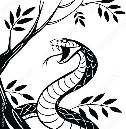 Fierce viper snake with open mouth and forked tongue amidst tree branches silhouette .eps
