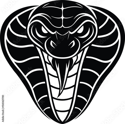 Fierce cobra head emblem with intricate lines and aggressive eyes in a bold silhouette .eps