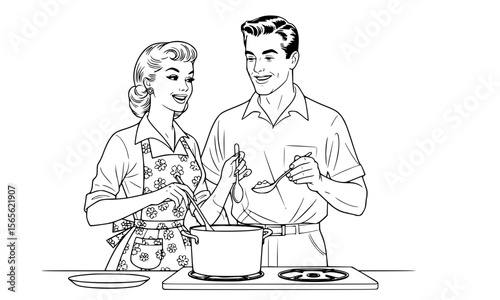 ,"1950s retro couple cooking together in the kitchen, woman wearing apron stirring pot, man smiling holding a spoon, black and white line art, vintage style generative ai