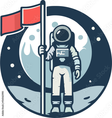 Vector Illustration of Astronaut Planting Flag on the Moon with Space Background – Retro Futuristic Space Exploration Design