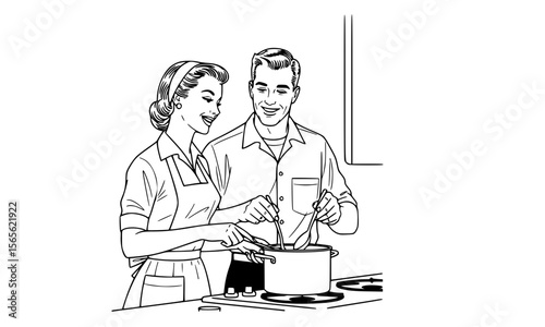 
,"1950s retro couple cooking together in the kitchen, woman wearing apron stirring pot, man smiling holding a spoon, black and white line art, vintage style generative ai