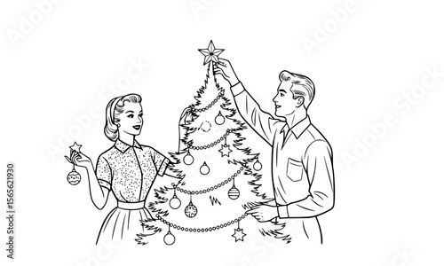 "1950s vintage couple decorating a Christmas tree together, woman holding ornaments, man placing a star on top, retro style, black and white line art illustration, white background.generative ai