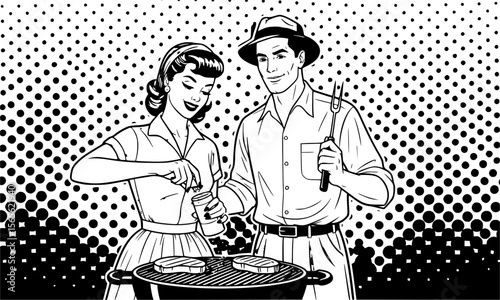 ,"1950s retro couple cooking together in the kitchen, woman wearing apron stirring pot, man smiling holding a spoon, black and white line art, vintage style generative ai