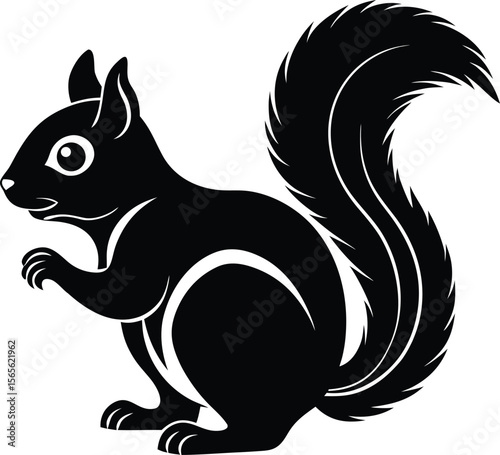 Stylized black silhouette of a squirrel with a bushy tail and detailed paws and ears .eps