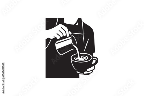 Close Up of Barista Pouring Espresso and Creating Latte Art on Coffee in Contemporary silhouette on white background.01