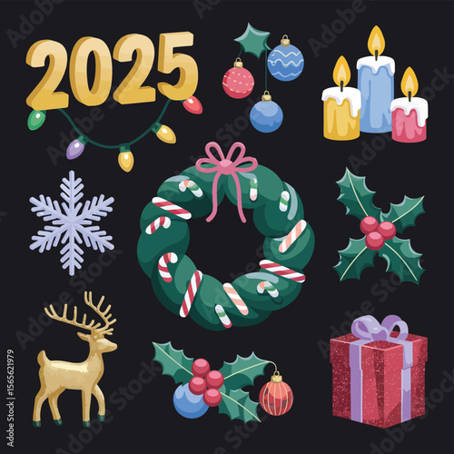 vector Happy New Year Celebrating 2025 in Latin letters , Christmas Decoration Items Santa Claus
