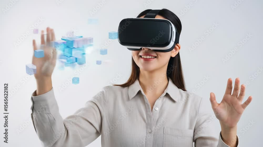 VR Experience: An East Asian woman in her 20s immerses herself in a digital world, interacting with a floating cube and exploring future tech advancements.