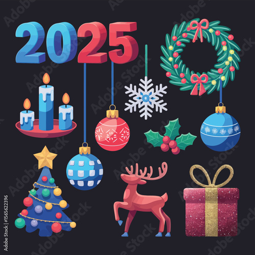 vector Happy New Year Celebrating 2025 in Latin letters , Christmas Decoration Items Santa Claus
