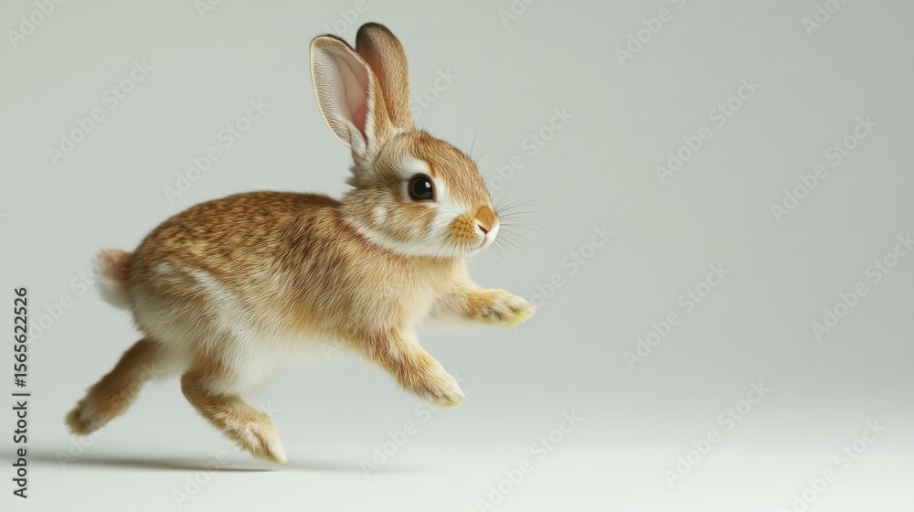 Fototapeta premium A playful young rabbit leaps in the air.