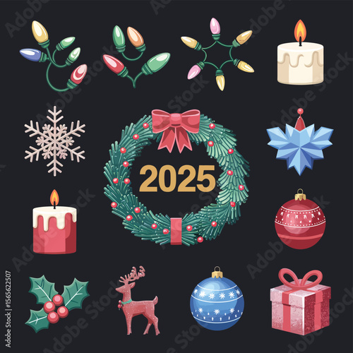 vector Happy New Year Celebrating 2025 in Latin letters , Christmas Decoration Items Santa Claus
