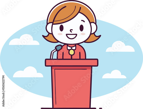 Cartoon woman with podium and microphone in a cloudy scene vector illustration