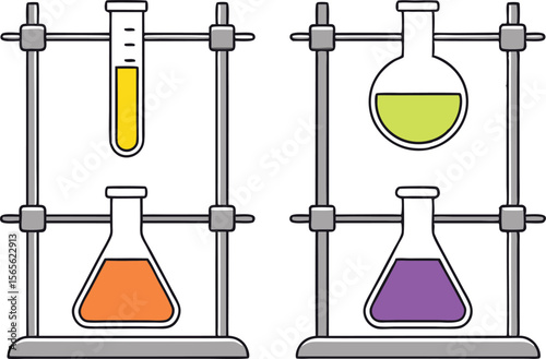 Science laboratory equipment featuring liquids of various colors and shapes vector illustration