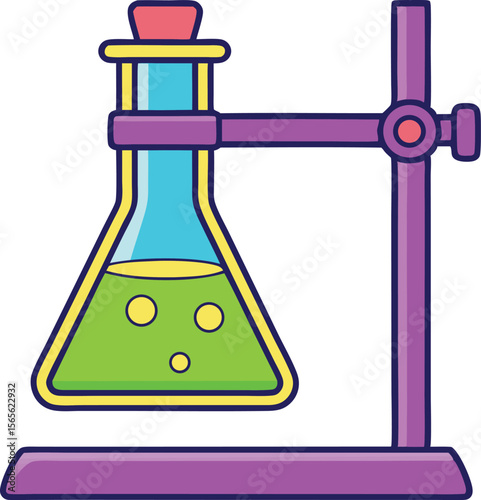 Cartoon conical flask filled with green liquid on supporting stand vector illustration