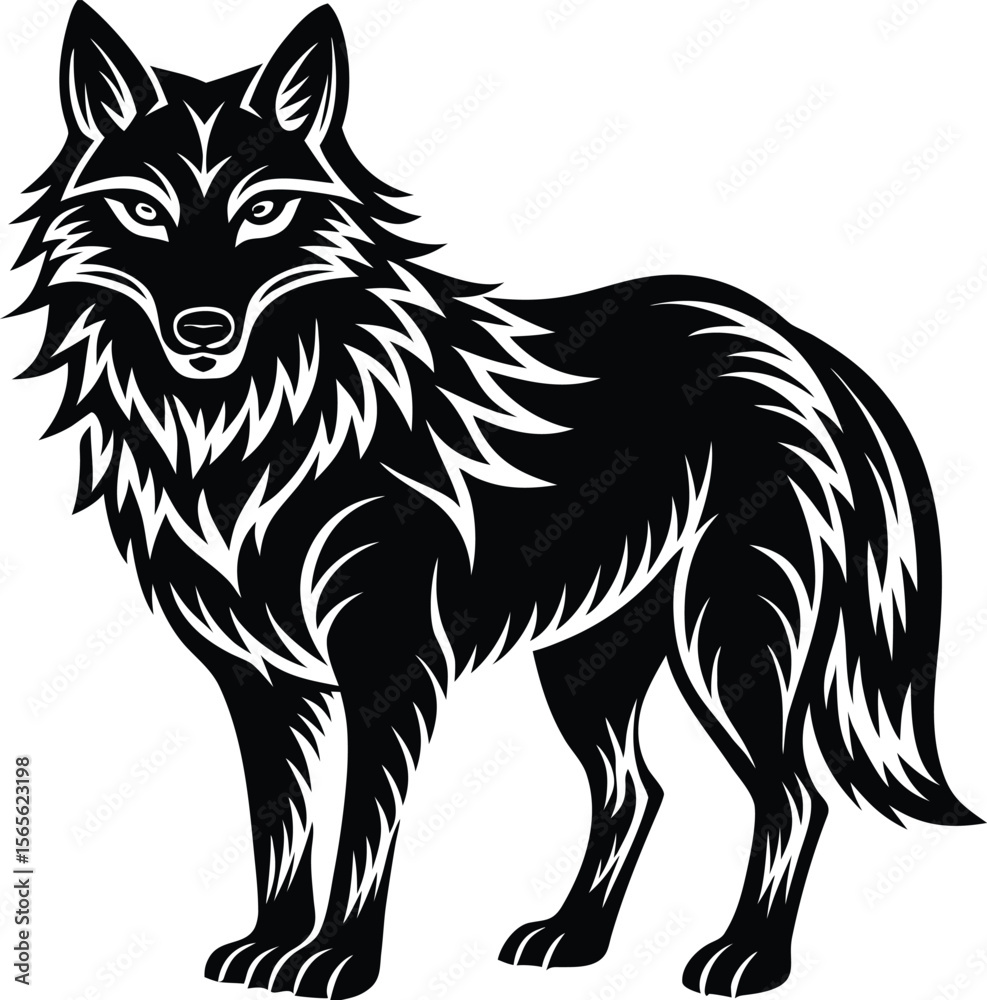 Fototapeta premium Stylized black wolf standing proudly with detailed fur and fierce eyes silhouette .eps
