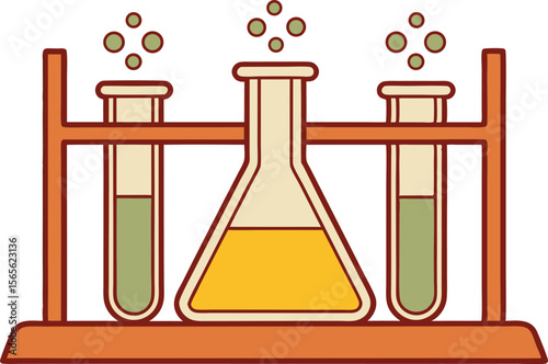 Science equipment in rack with bubbling chemicals for experiments testing vector illustration