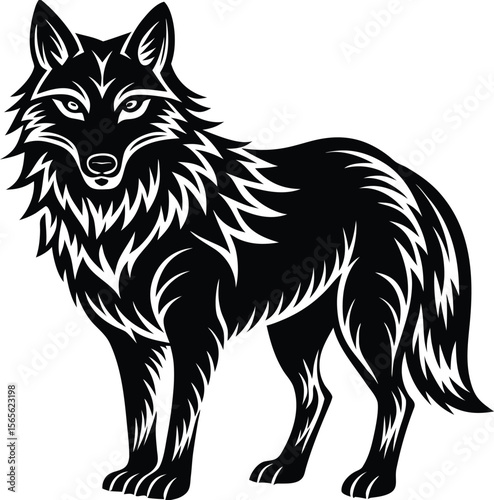 Stylized black wolf standing proudly with detailed fur and fierce eyes silhouette  .eps