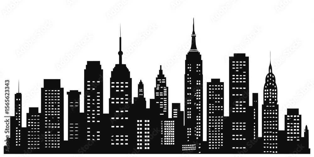 Naklejka premium Black silhouette of urban skyline with modern city buildings vector illustration on White background