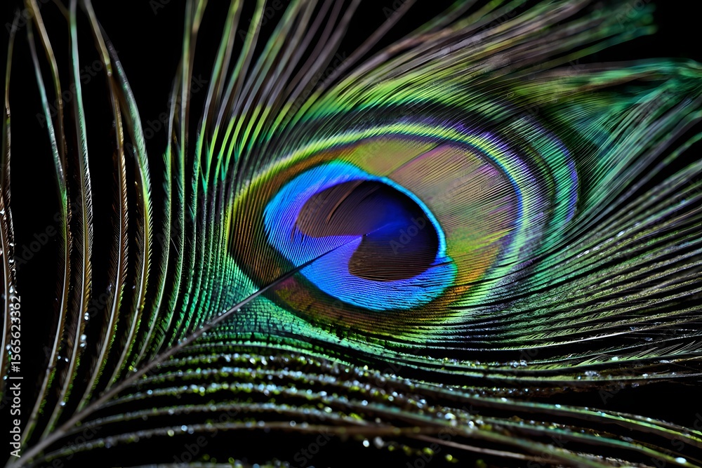 Naklejka premium Extreme close up macro shot of a vibrant peacock feather eye on black background
