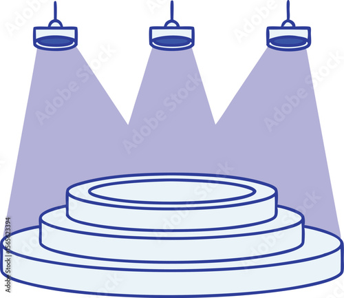 Three tiered stage illuminated by three spotlights shining from above vector illustration