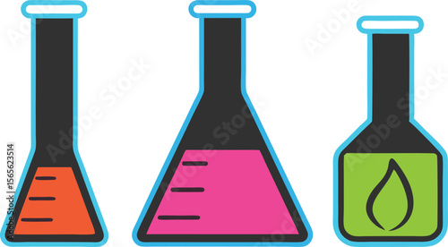 Three beakers containing colorful liquids stand side by side illustration vector illustration