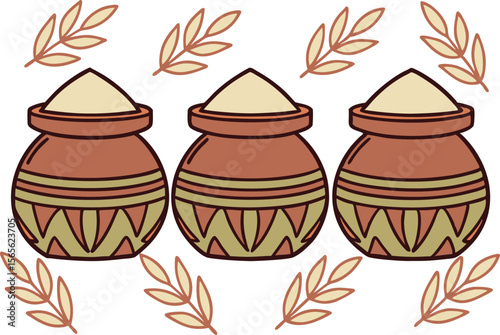 Bright vector graphic showing three pots with festive color powder

