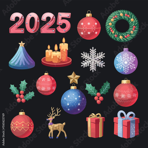 vector Happy New Year Celebrating 2025 in Latin letters , Christmas Decoration Items Santa Claus
