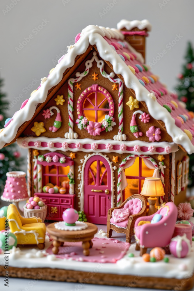 Fototapeta premium Whimsical gingerbread house adorned with colorful decorations