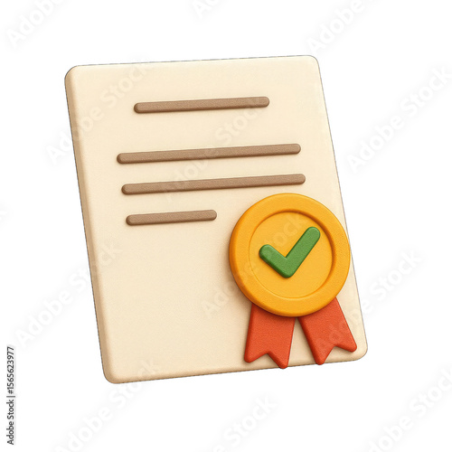 3d rendered illustration of a diploma or certificate with a gold medal and red ribbon signifying achievement and approval