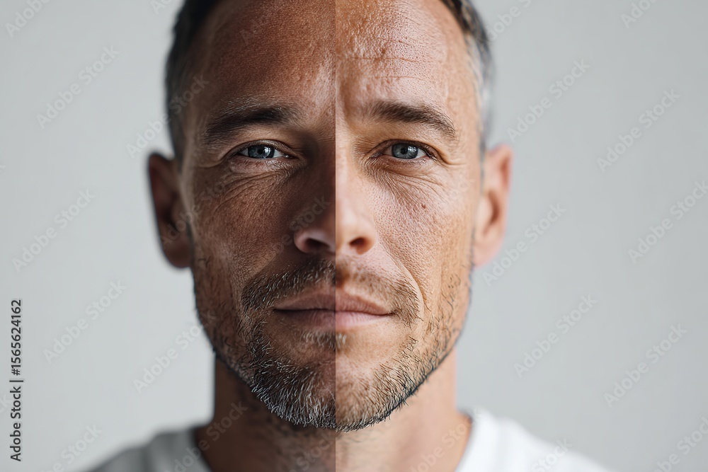 Obraz premium Half-real, half-AI generated face reveals the intersection of technology and human identity