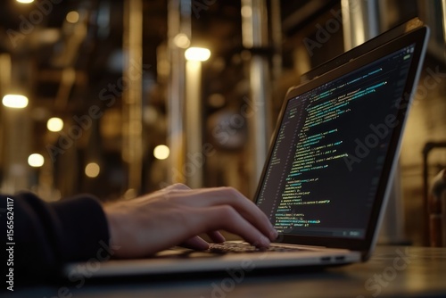 A programmer's hands code on a laptop in a dimly lit setting, showcasing lines of code.