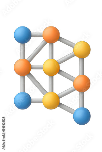 Abstract geometric structure composed of interconnected spheres in blue orange and yellow colors against a black background representing network or data connections