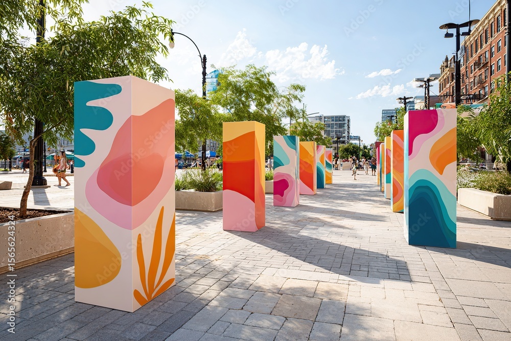 Naklejka premium Colorful art installation brightens public space with vibrant designs and natural elements