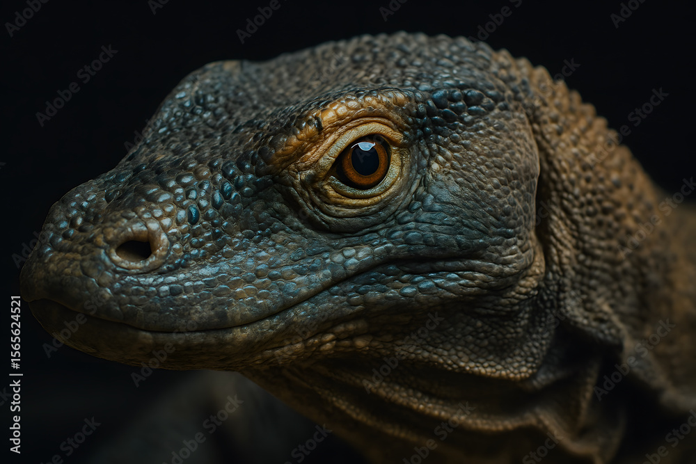 Obraz premium A close-up of a Komodo dragon’s scaly head and eye.