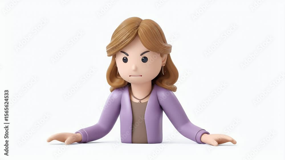 Frustrated 3D Woman Animated: Expressive Character, Angry Gestures, Purple Blazer, White Background Frustrated 3D Woman Animated: Expressive Character, Angry Gestures, Purple Blazer, White Background