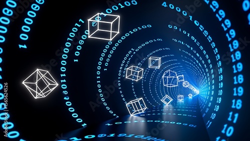 Glowing White Cubes in Blue Digital Tunnel image