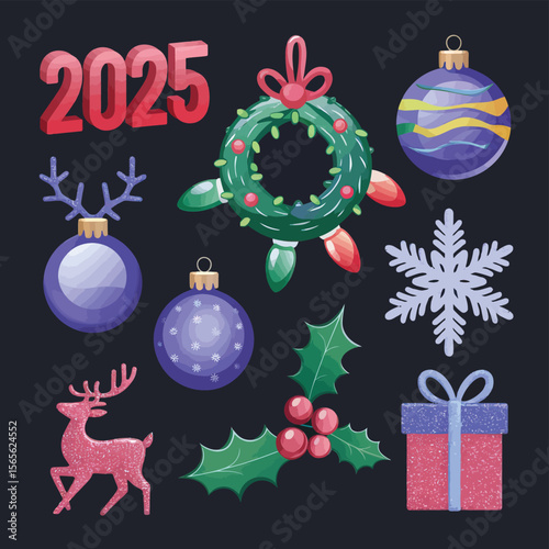 vector Happy New Year Celebrating 2025 in Latin letters , Christmas Decoration Items Santa Claus
